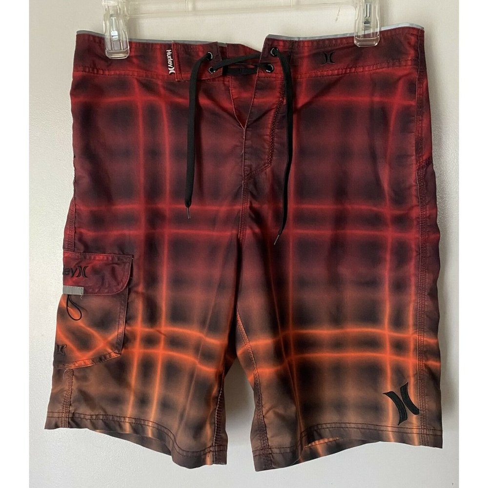 Hurley Mens Board Shorts Swim Suit Plaid Red Orange Size 33